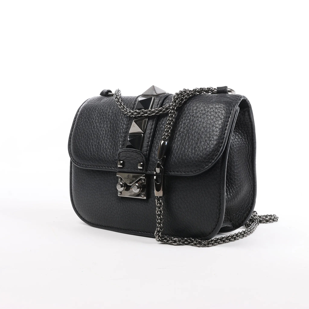 Valentino Rockstud Glam Lock Leather Chain Shoulder Bag in Black