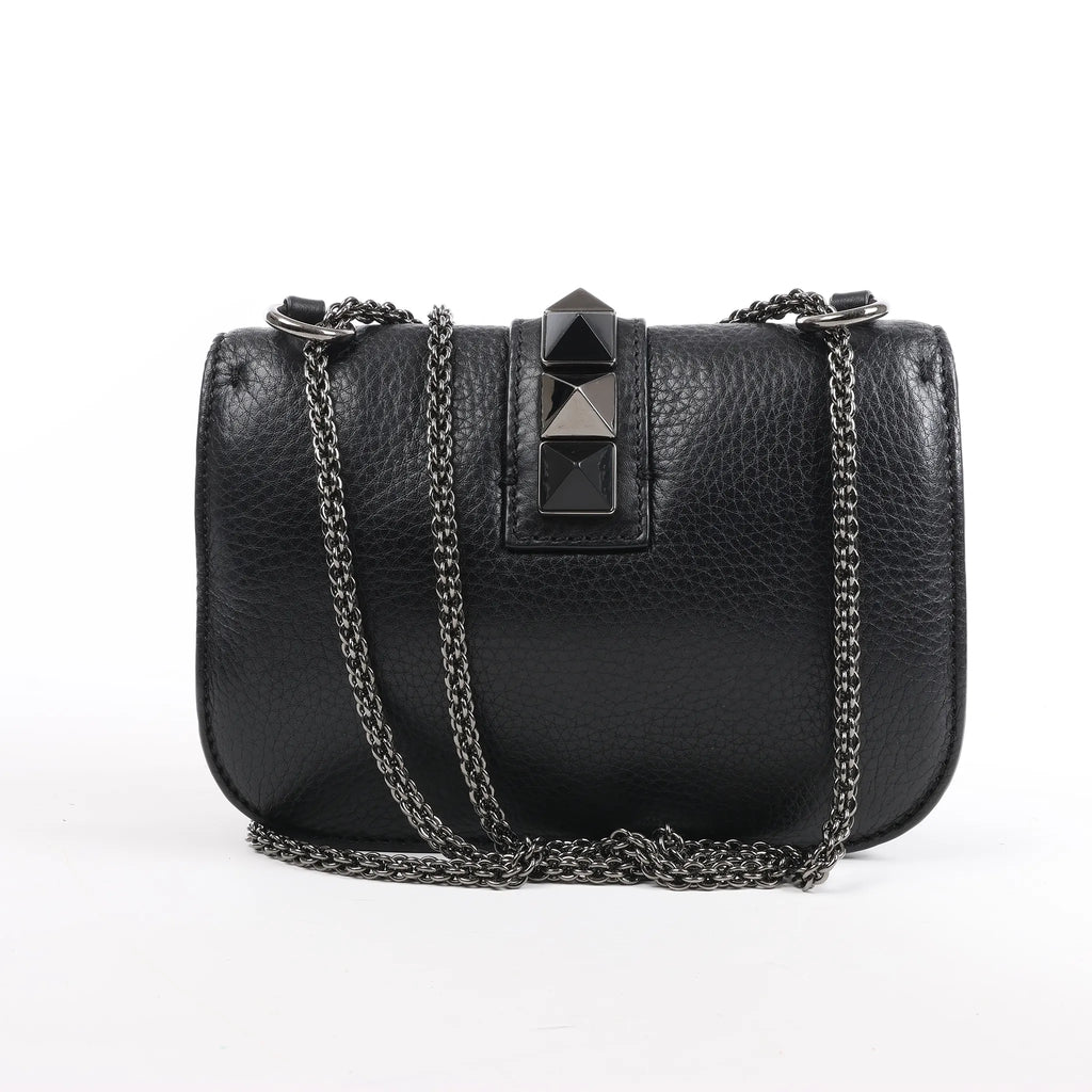 Valentino Rockstud Glam Lock Leather Chain Shoulder Bag in Black