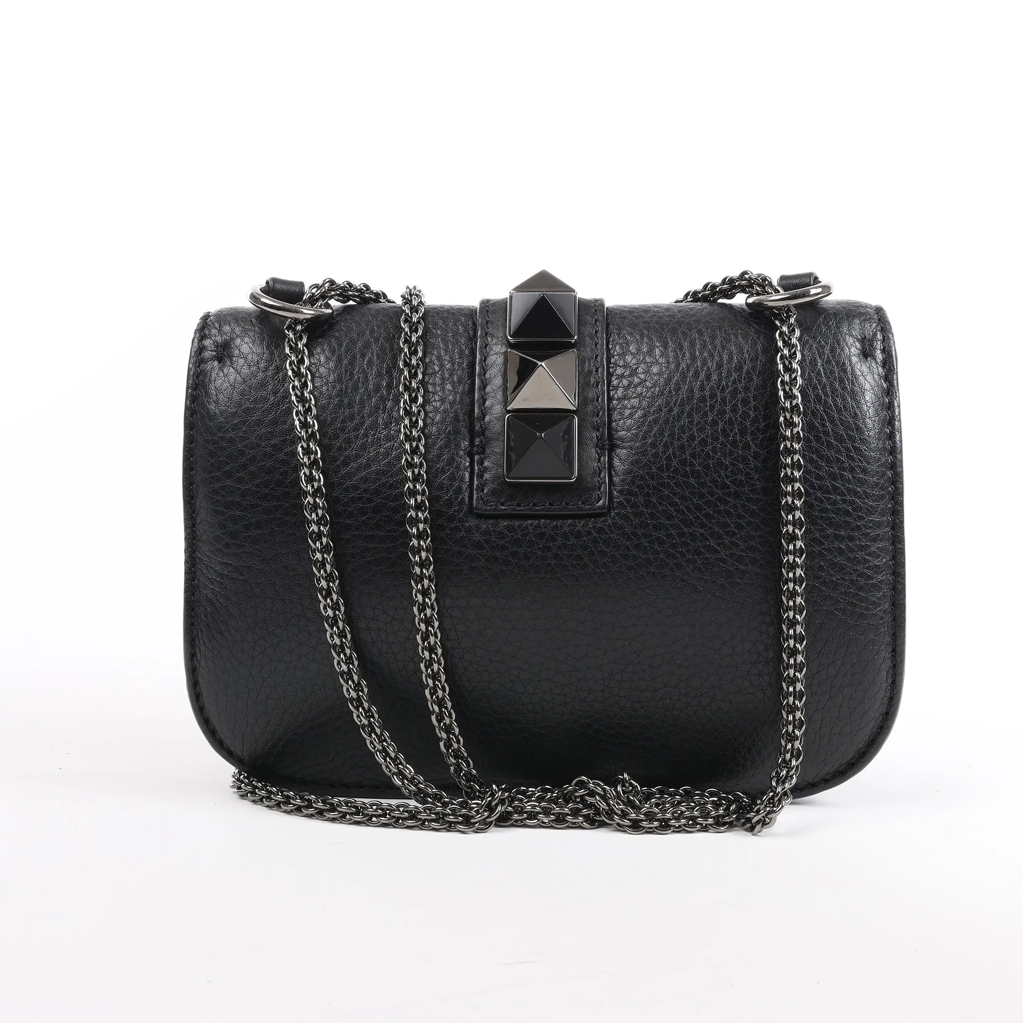 Valentino Rockstud Glam Lock Leather Chain Shoulder Bag in Black