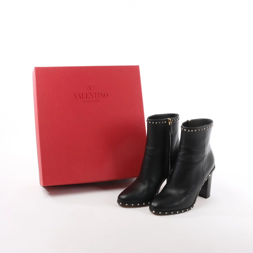 Valentino Garavani Rockstuds Leather Ankle Boots in Black, Size 37.5 EU