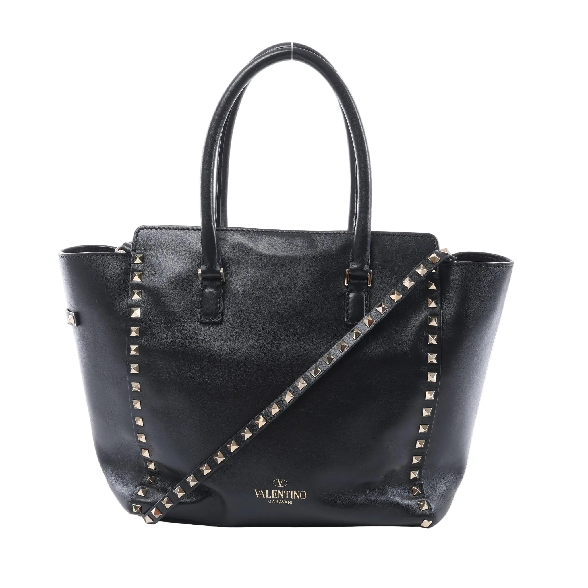 Valentino Garavani black leather handbag with pyramid stud trim, two top handles, detachable studded shoulder strap and gold logo.