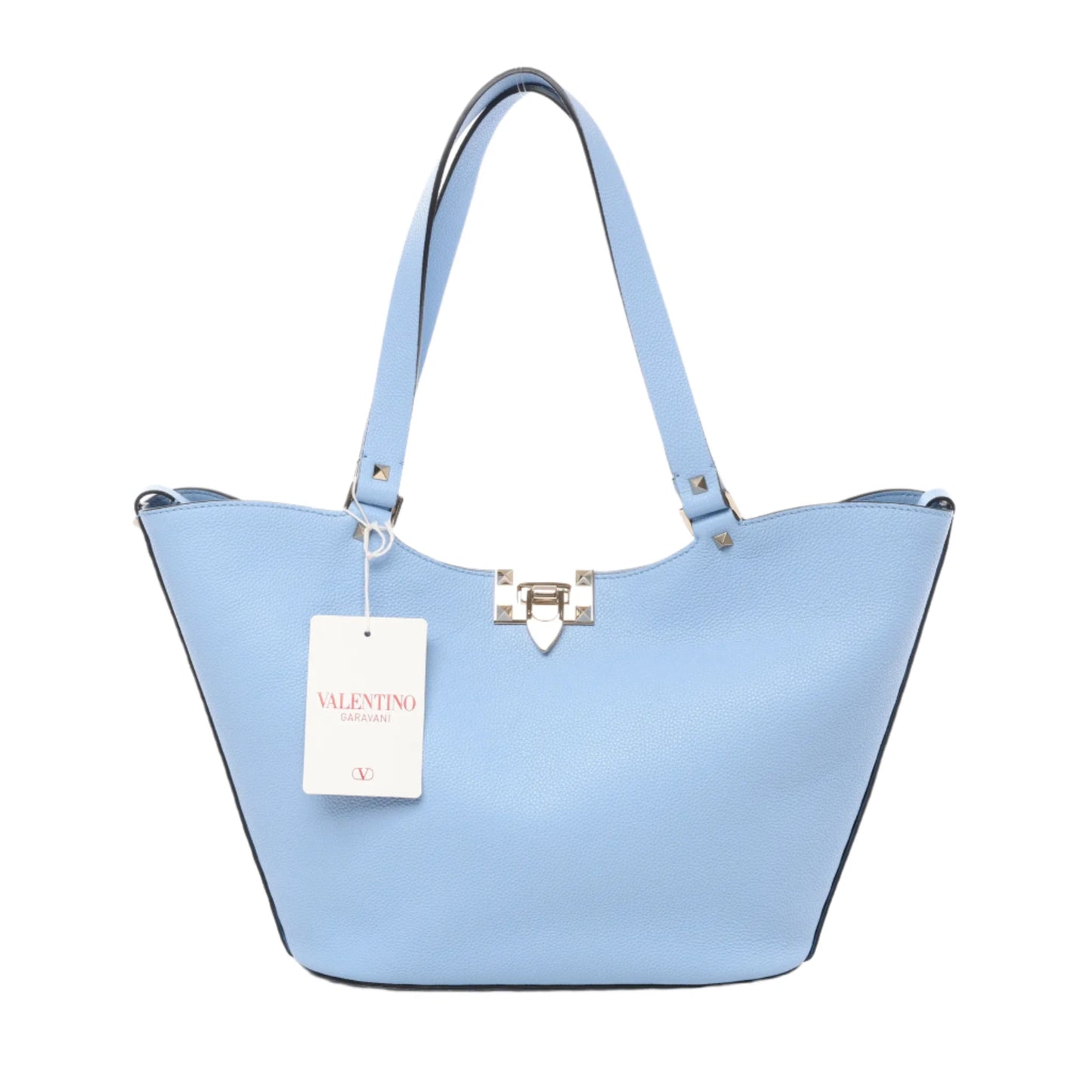 Front view of Valentino Garavani Rockstud shoulder bag in light blue pebbled leather, featuring silver-tone hardware, signature pyramid studs along straps and sides, dual handles, and a center clasp closure against a white background.