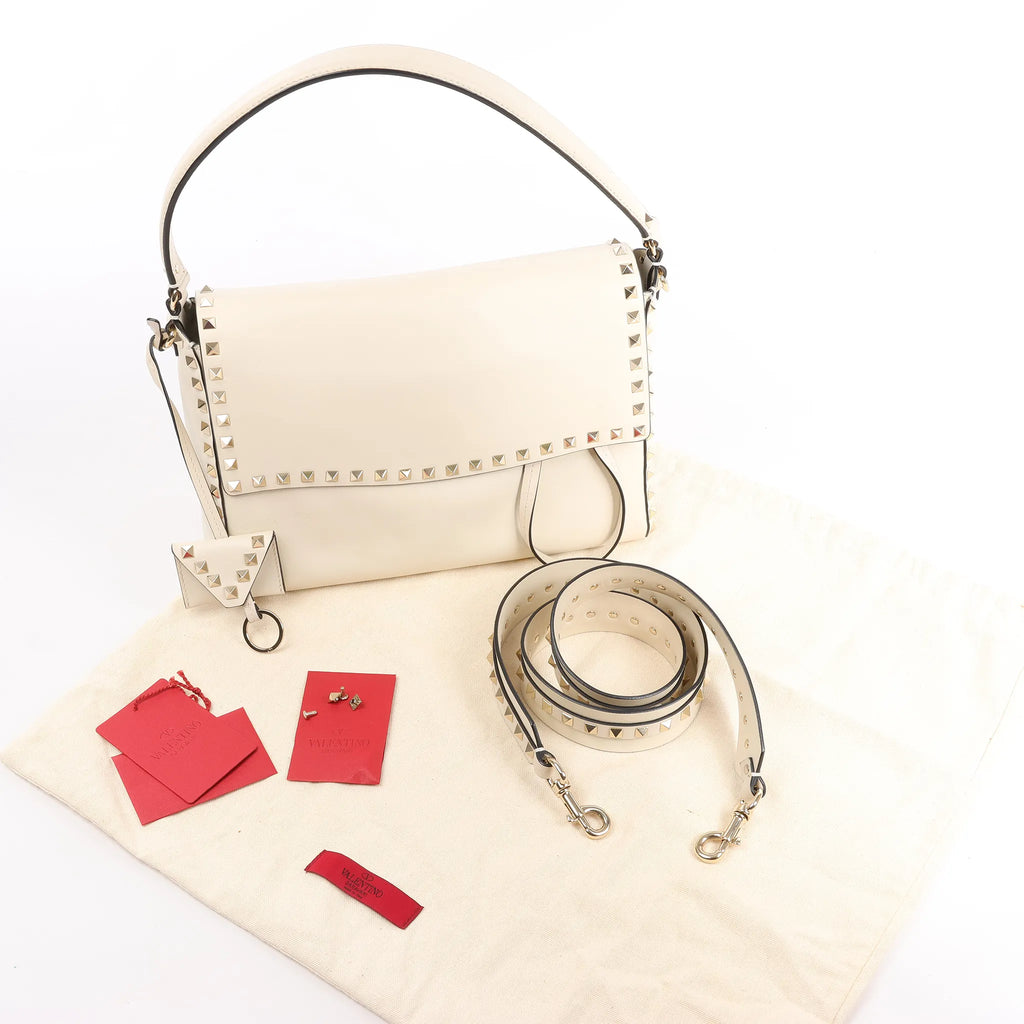 Valentino Garavani Rockstud Leather 2Way Handbag in Beige