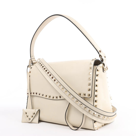Valentino Garavani Rockstud Leather 2Way Handbag in Beige