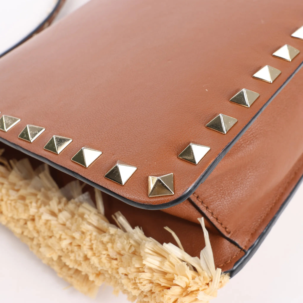 Valentino Garavani Straws x Leather Shoulder bag Beige x Brown