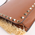 Valentino Garavani Straws x Leather Shoulder bag Beige x Brown