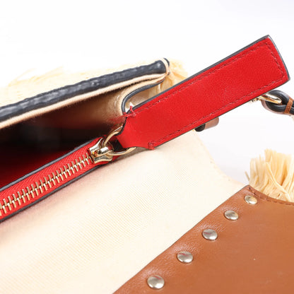 Valentino Garavani Straws x Leather Shoulder bag Beige x Brown