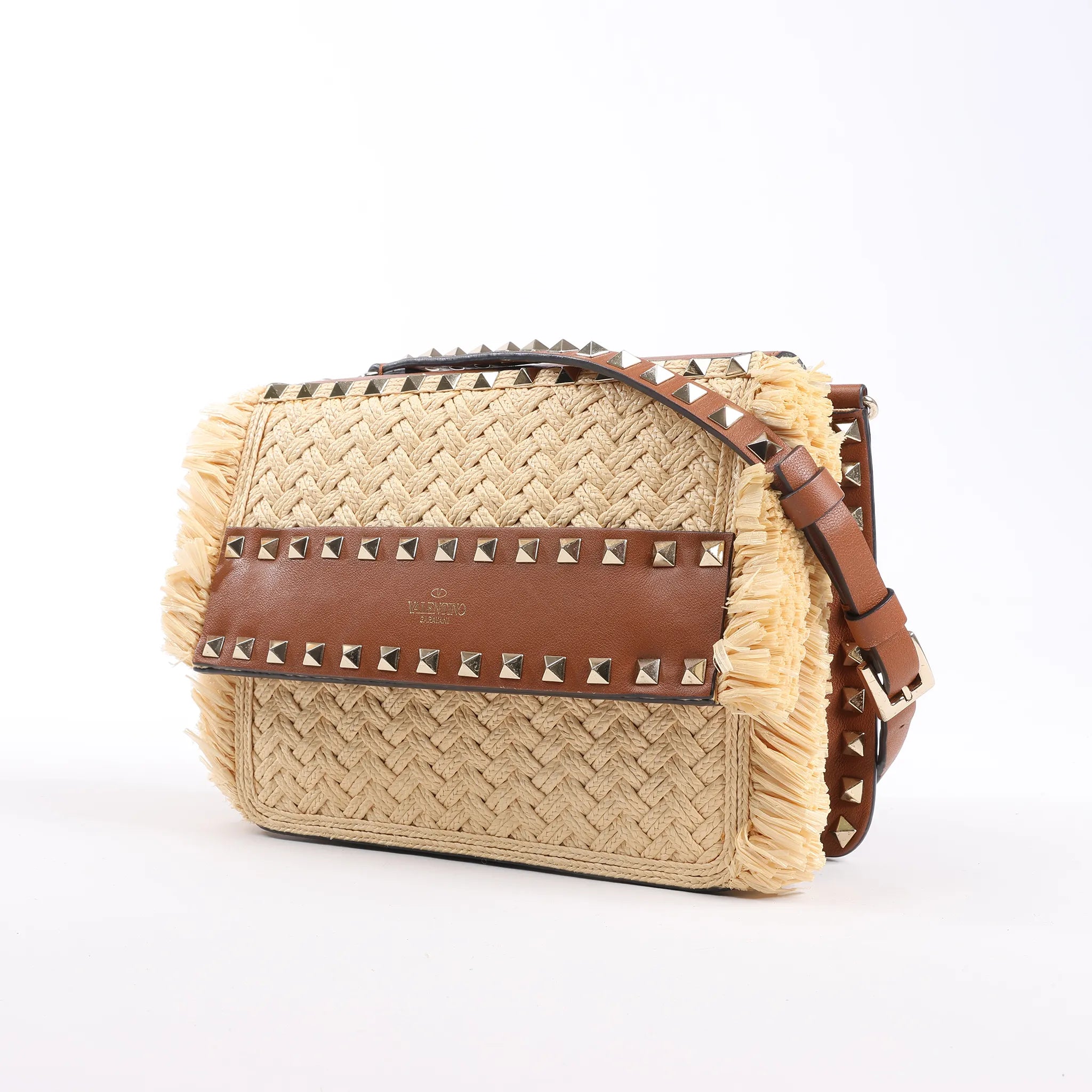 Valentino Garavani Straws x Leather Shoulder bag Beige x Brown