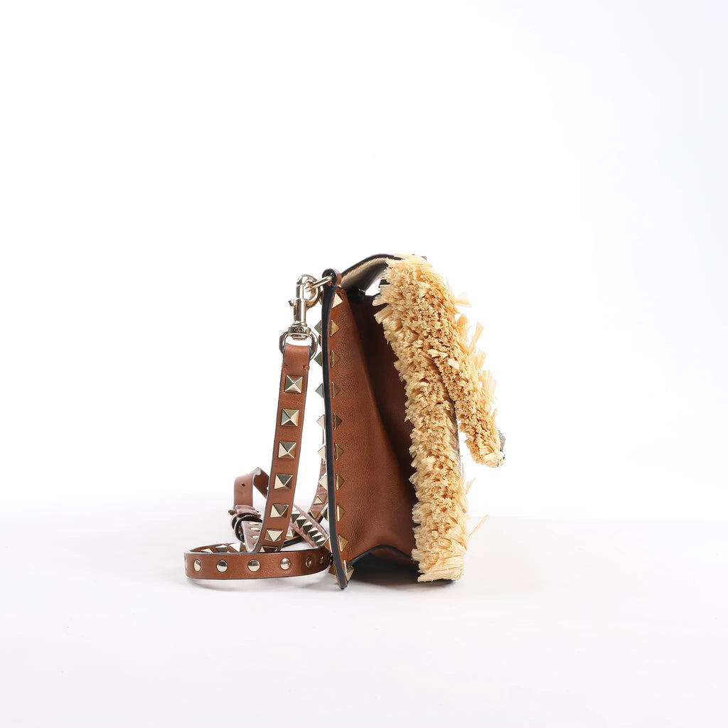 Valentino Garavani Straws x Leather Shoulder bag Beige x Brown