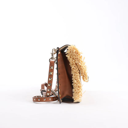 Valentino Garavani Straws x Leather Shoulder bag Beige x Brown
