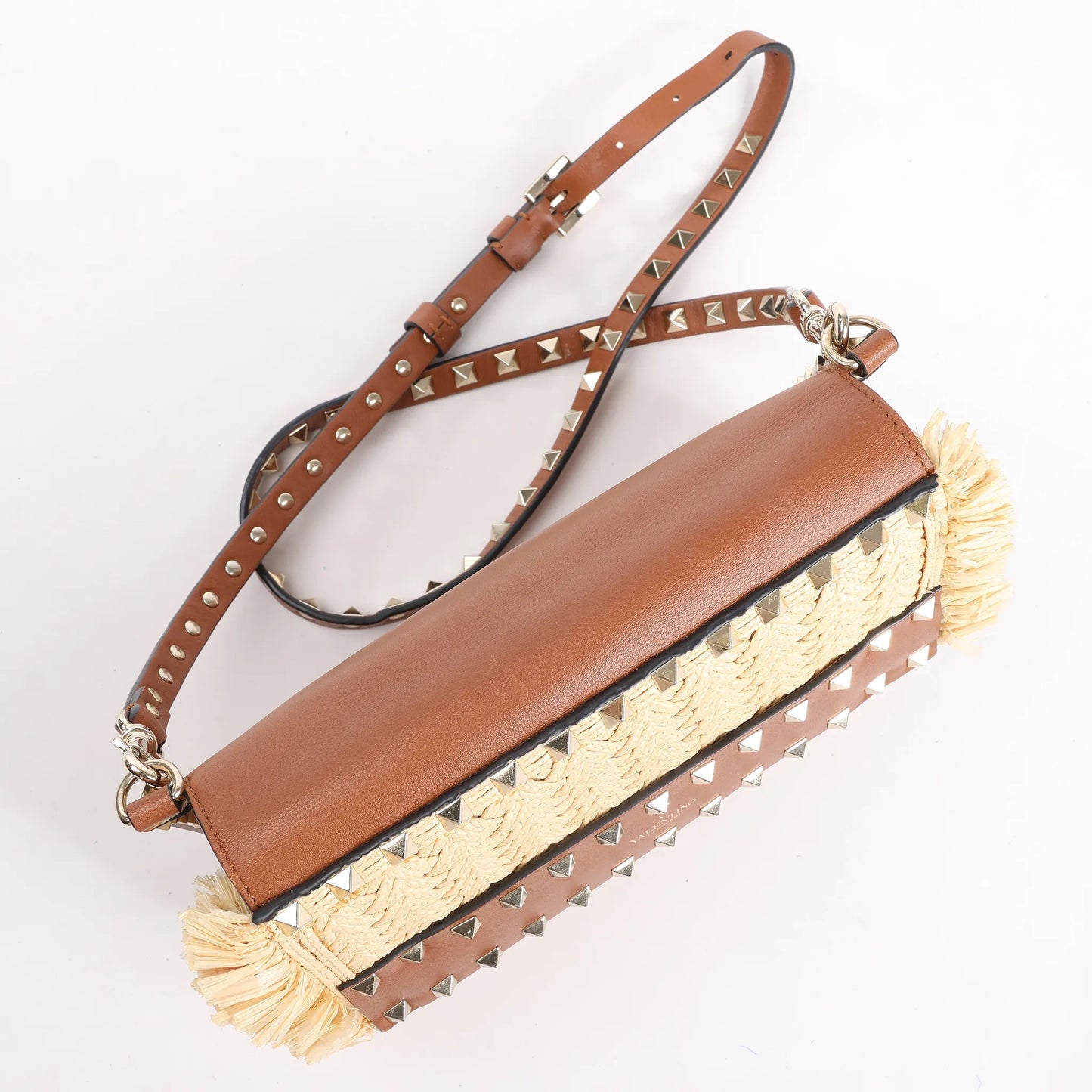 Valentino Garavani Straws x Leather Shoulder bag Beige x Brown