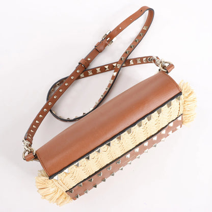 Valentino Garavani Straws x Leather Shoulder bag Beige x Brown