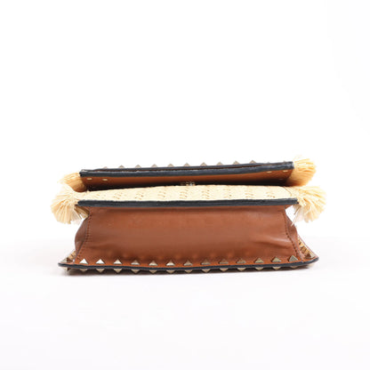 Valentino Garavani Straws x Leather Shoulder bag Beige x Brown