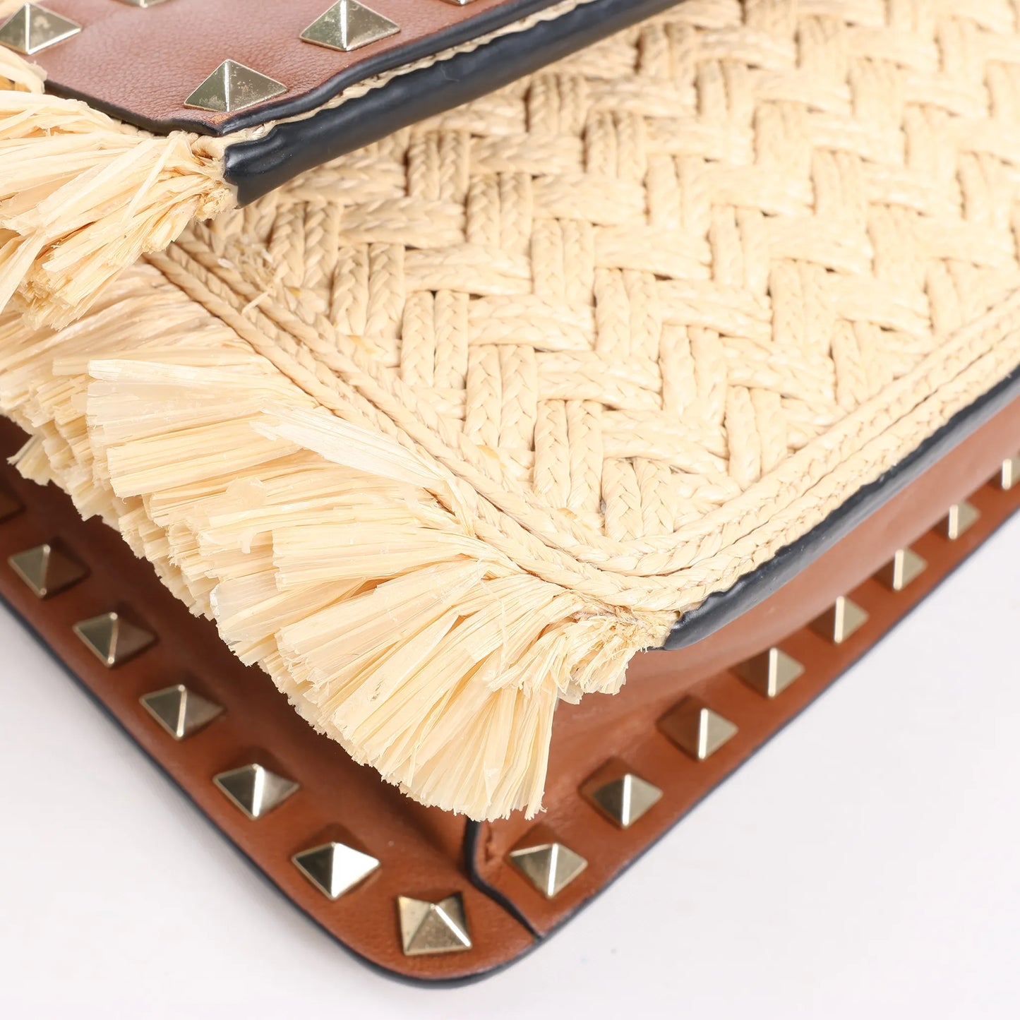 Valentino Garavani Straws x Leather Shoulder bag Beige x Brown