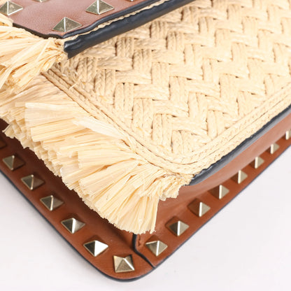 Valentino Garavani Straws x Leather Shoulder bag Beige x Brown