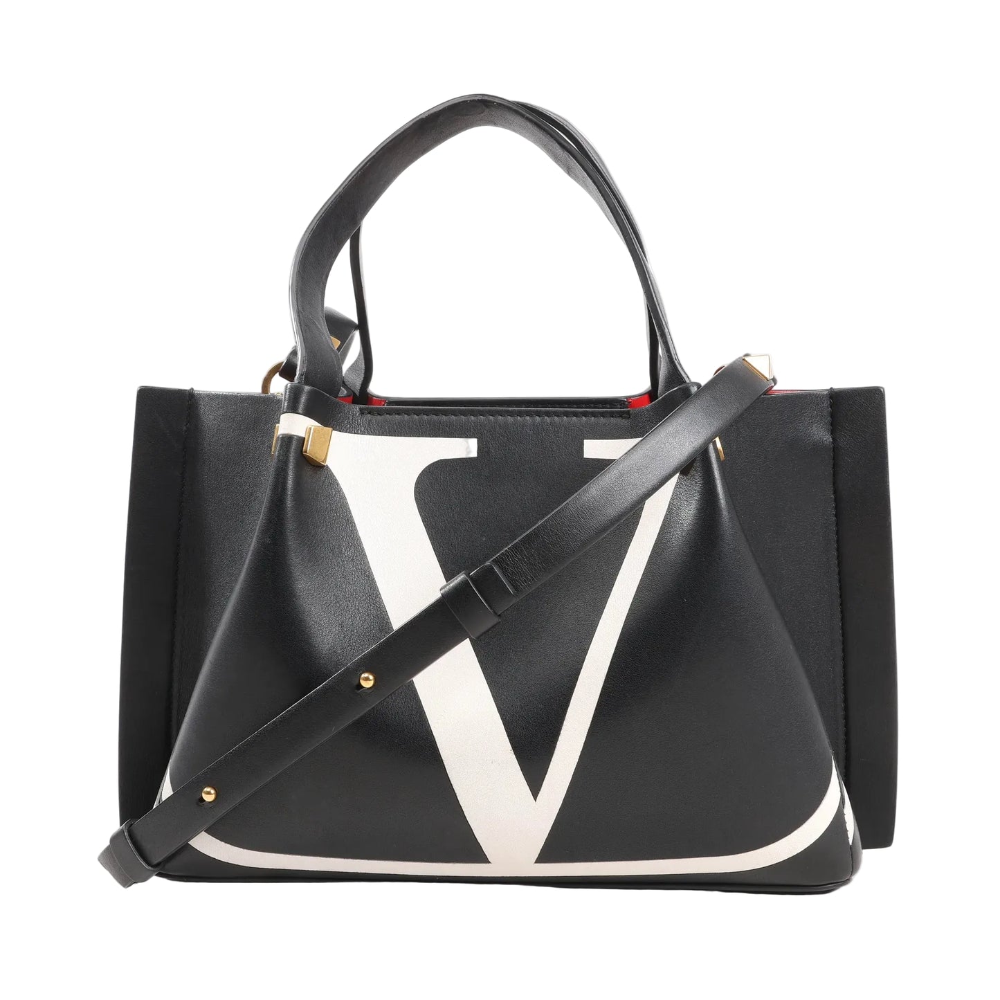 Valentino Garavani VLogo 2Way handbag in black leather, featuring a large white VLogo on the front, structured sides, dual top handles, adjustable shoulder strap, and gold-tone hardware.
