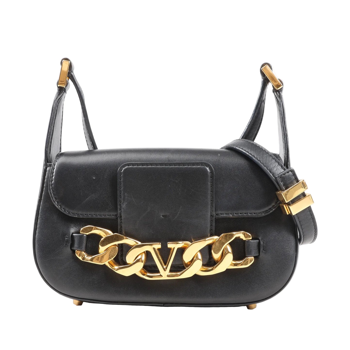 Front view of a Valentino Garavani VLogo shoulder bag in smooth black leather, featuring a gold-tone chain with VLogo emblem, structured silhouette, and adjustable leather strap.