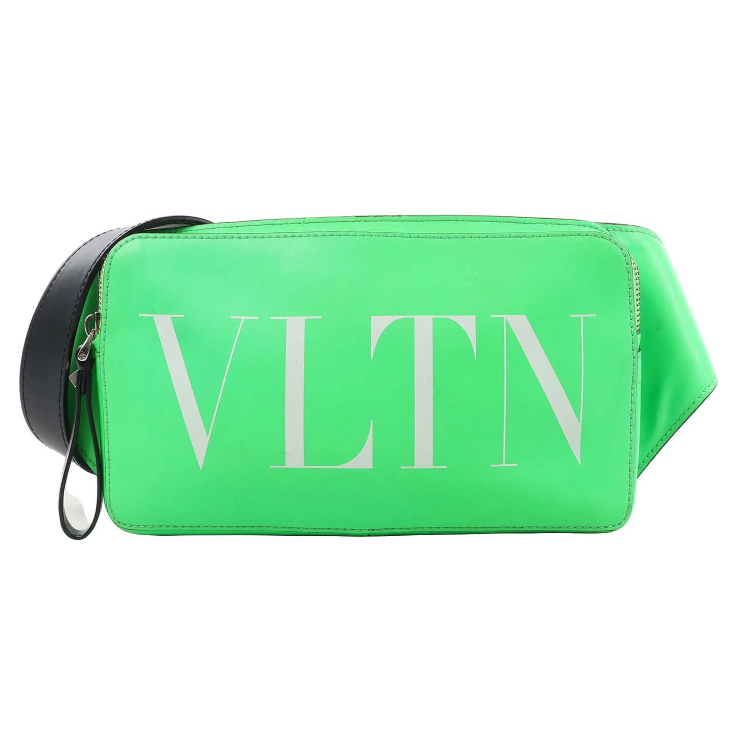 Valentino Garavani VLTN Leather Belt Bag in bright green with large white VLTN logo on the front, black adjustable strap, and zip closure, displayed against a white background.