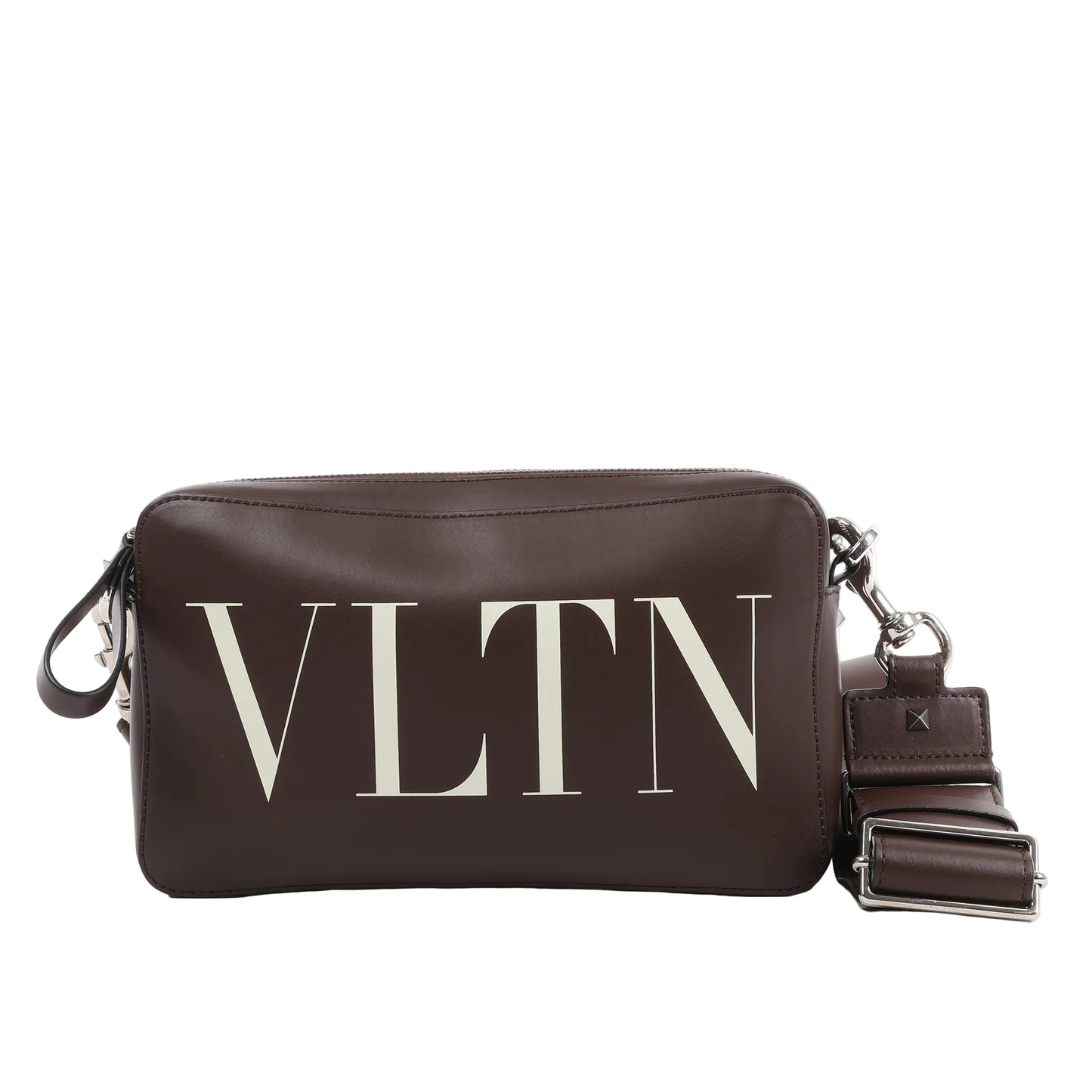 Valentino Garavani VLTN shoulder bag in smooth brown leather with large white logo print, detachable strap, zip closure, and rectangular structured shape against a white background.