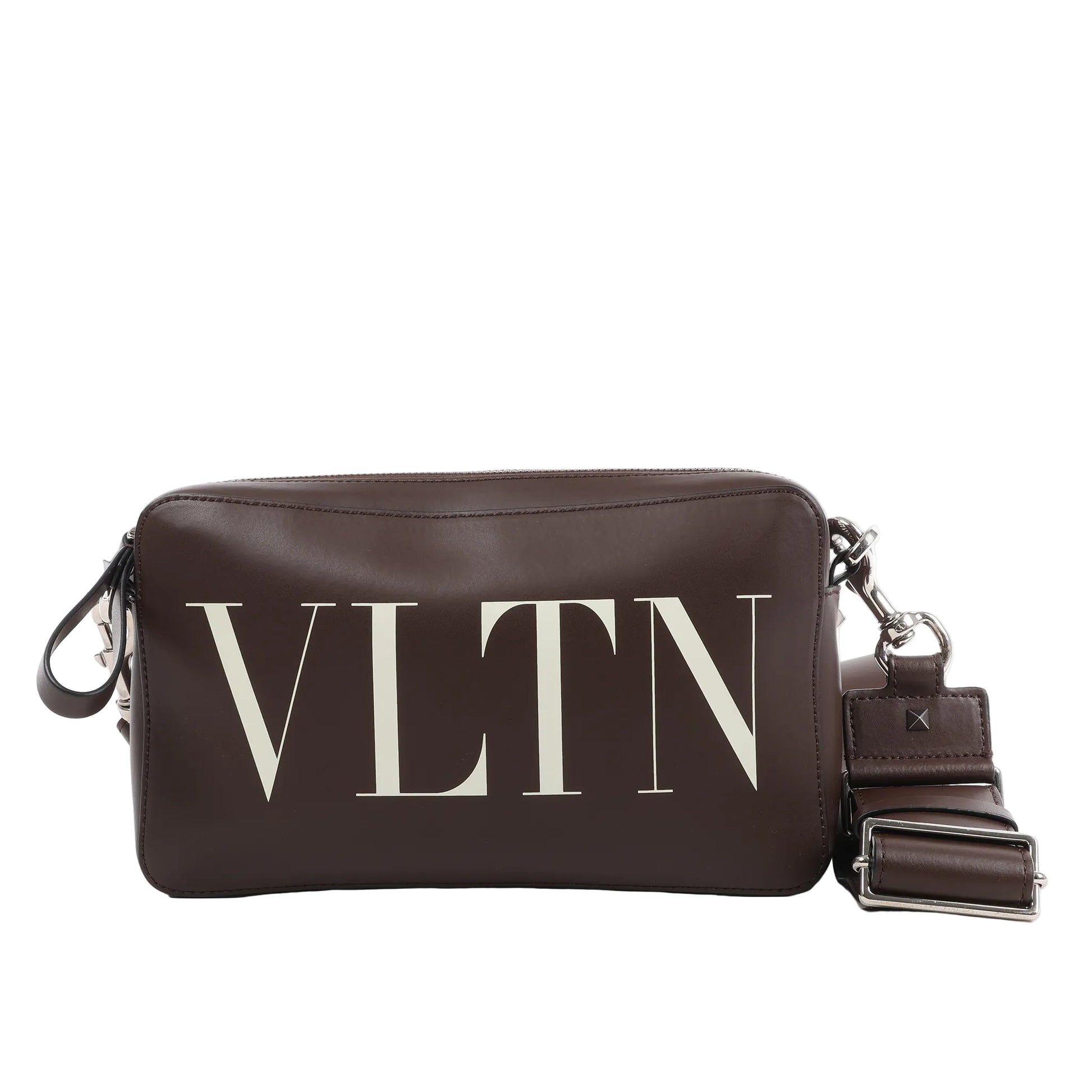 Valentino Garavani VLTN shoulder bag in smooth brown leather with large white logo print, detachable strap, zip closure, and rectangular structured shape against a white background.