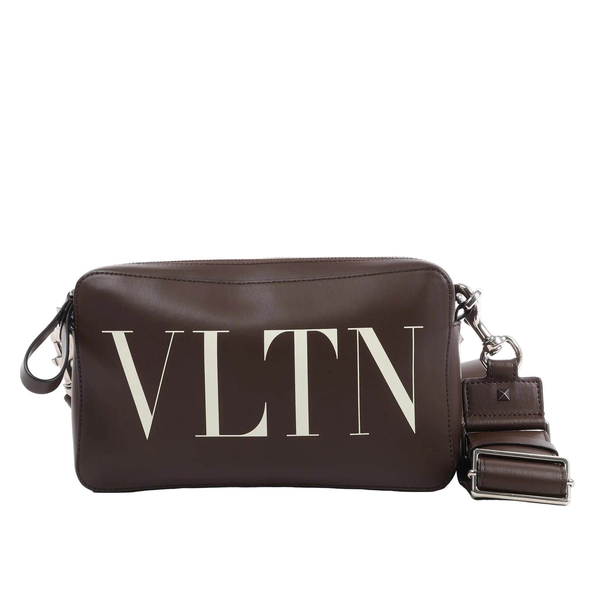 Valentino Garavani VLTN shoulder bag in smooth brown leather with large white logo print, detachable strap, zip closure, and rectangular structured shape against a white background.