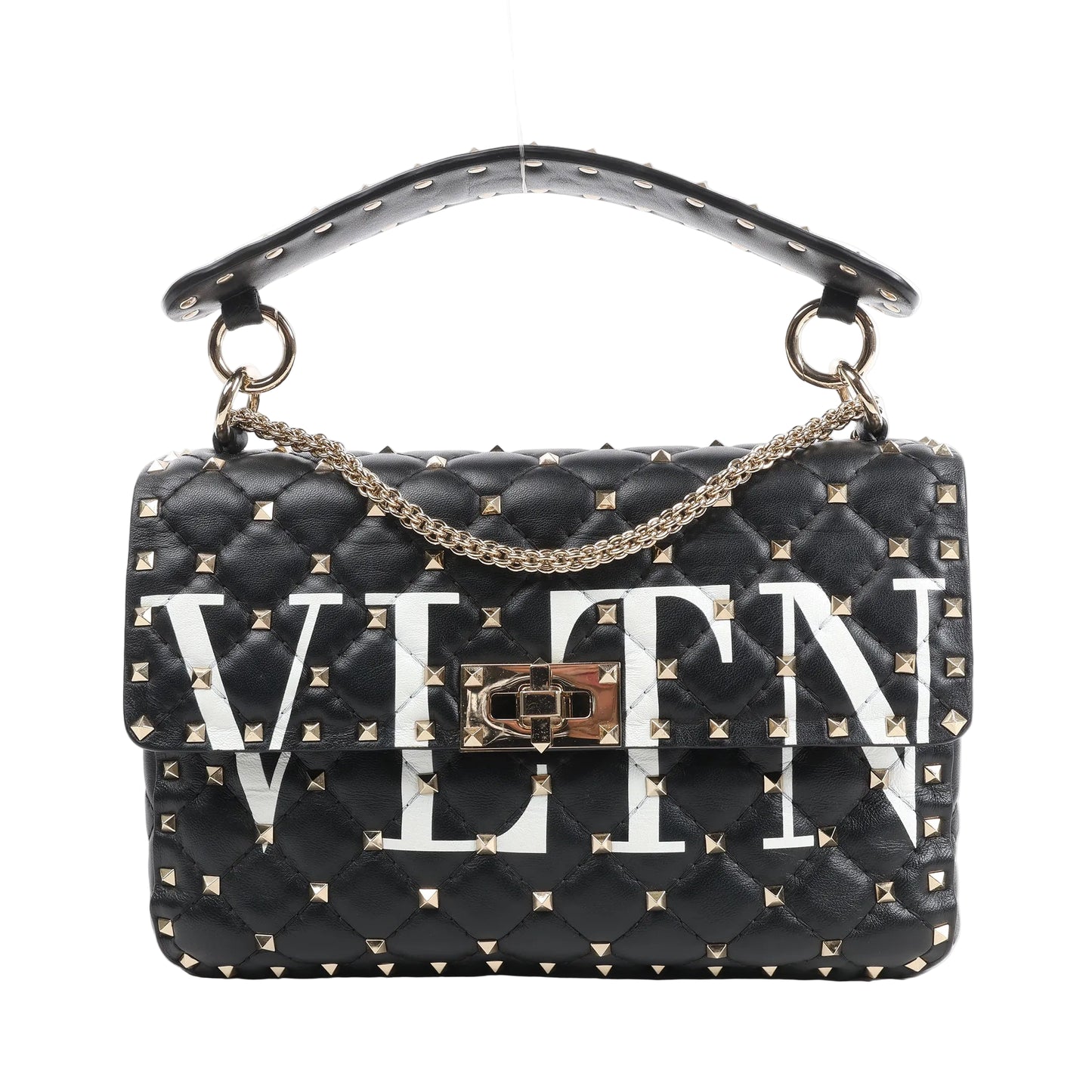 Valentino Garavani VLTN Rockstud Spike 2Way Shoulder Bag in black quilted leather featuring gold-tone pyramid studs, bold white VLTN logo, a gold chain strap, and top handle with stud accents.