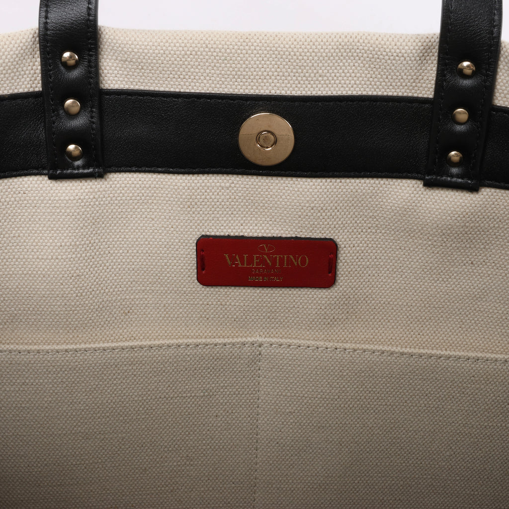 Valentino Garavani VLTN Canvas & Leather Shoulder Bag in Beige x Black