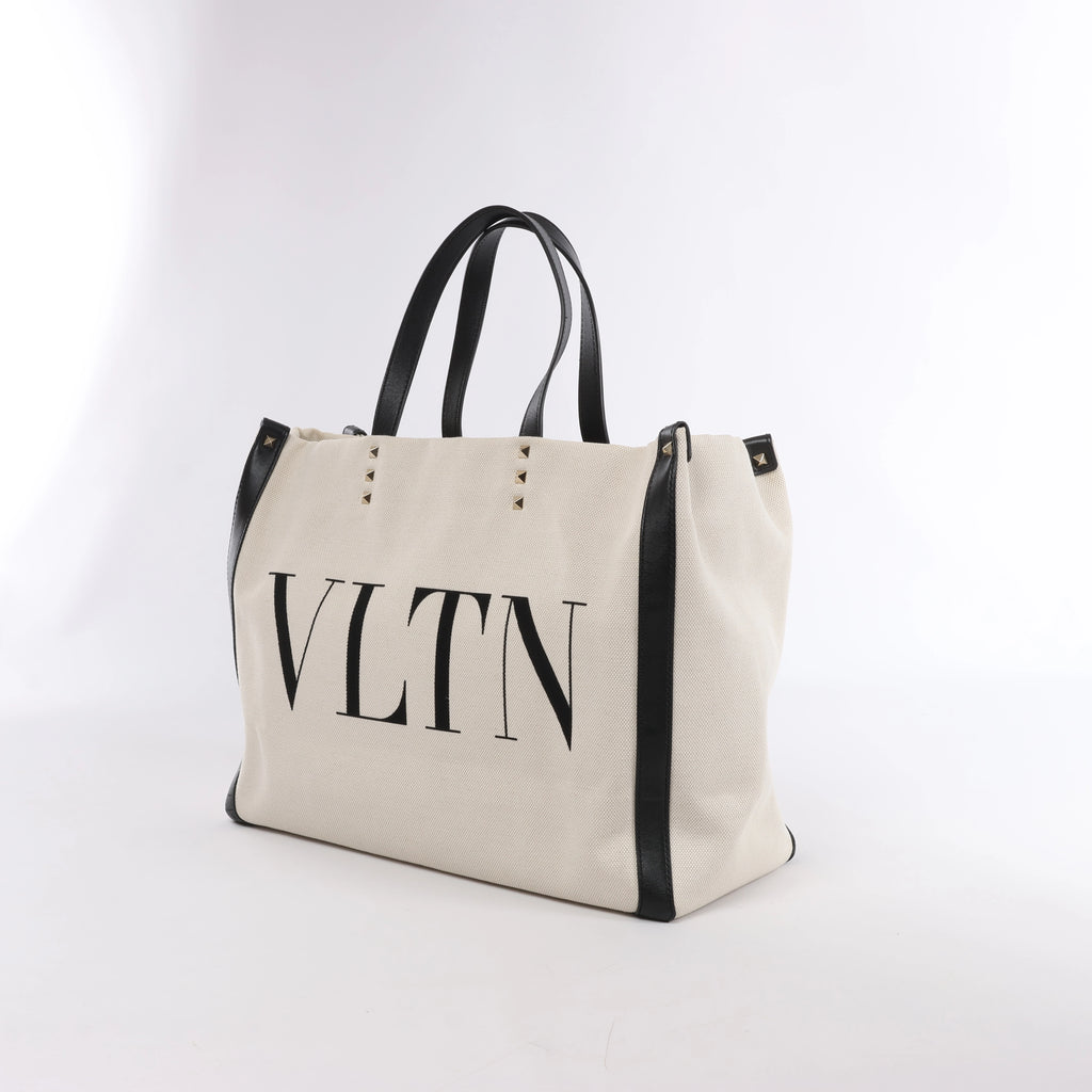Valentino Garavani VLTN Canvas & Leather Shoulder Bag in Beige x Black