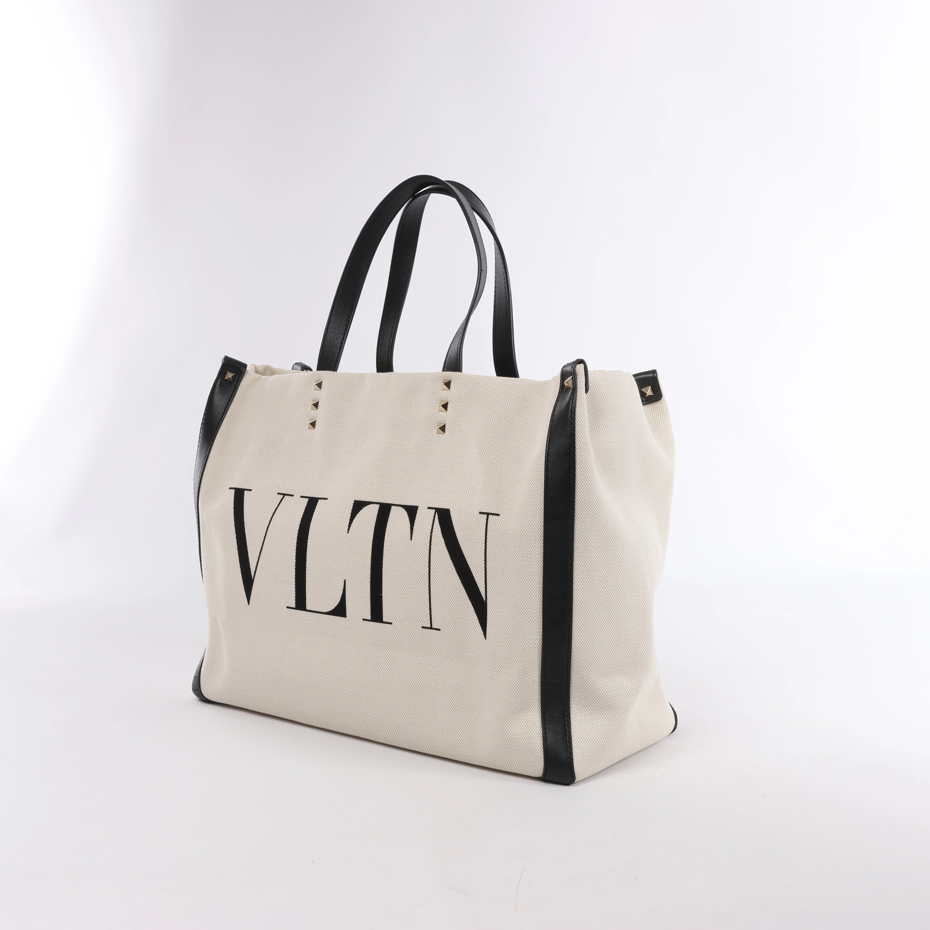 Valentino Garavani VLTN Canvas & Leather Shoulder Bag in Beige x Black