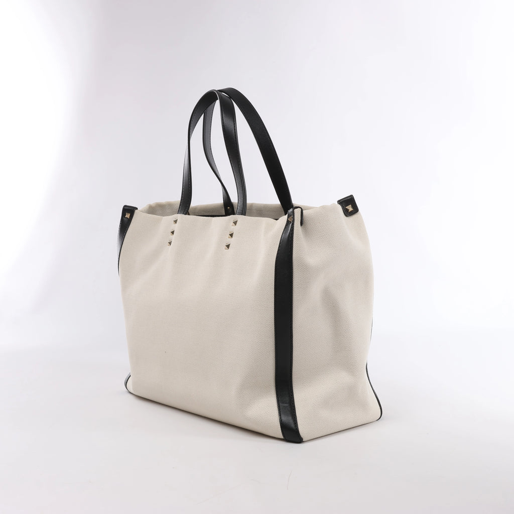 Valentino Garavani VLTN Canvas & Leather Shoulder Bag in Beige x Black