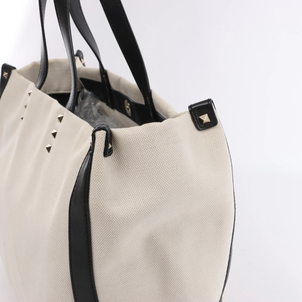 Valentino Garavani VLTN Canvas & Leather Shoulder Bag in Beige x Black