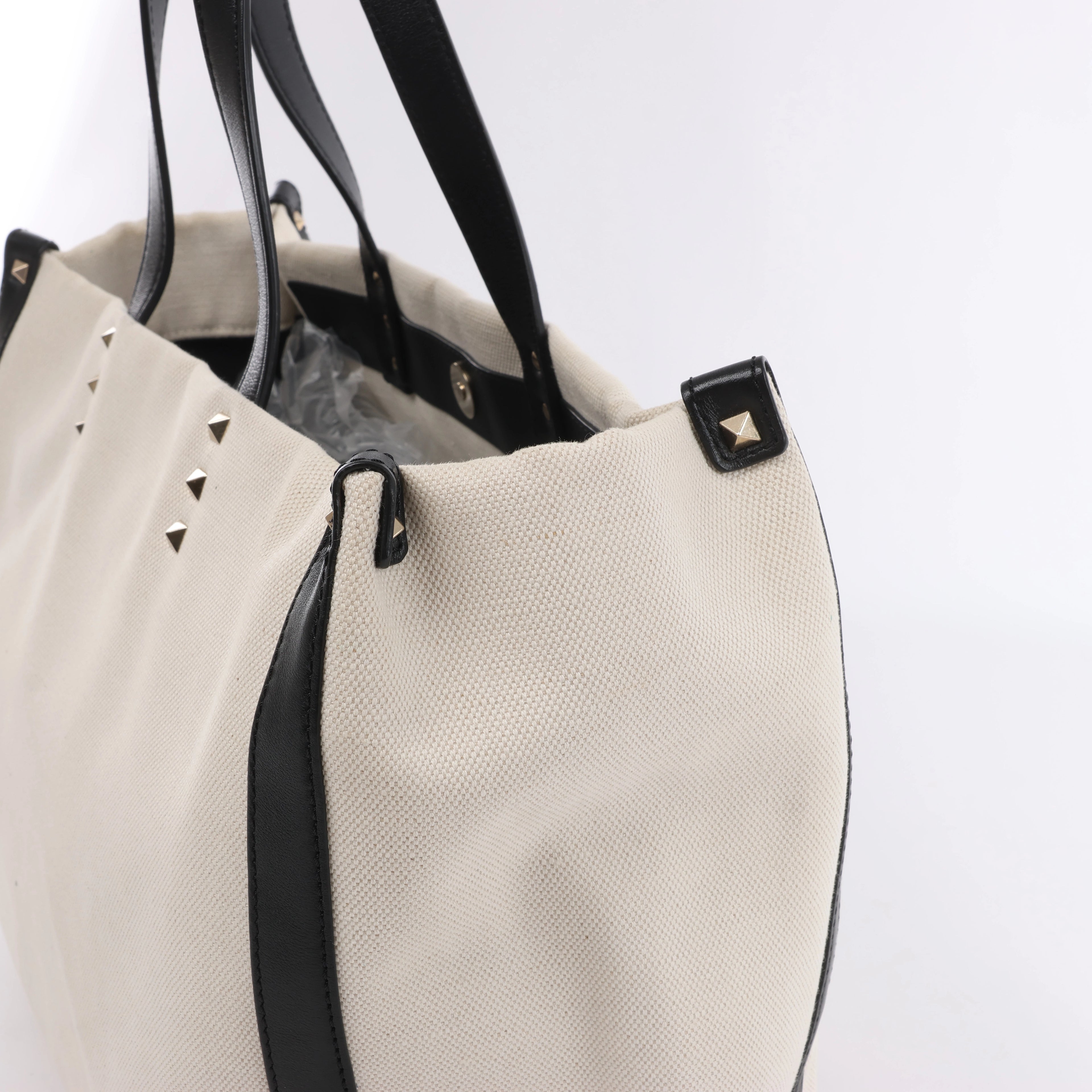 Valentino Garavani VLTN Canvas & Leather Shoulder Bag in Beige x Black