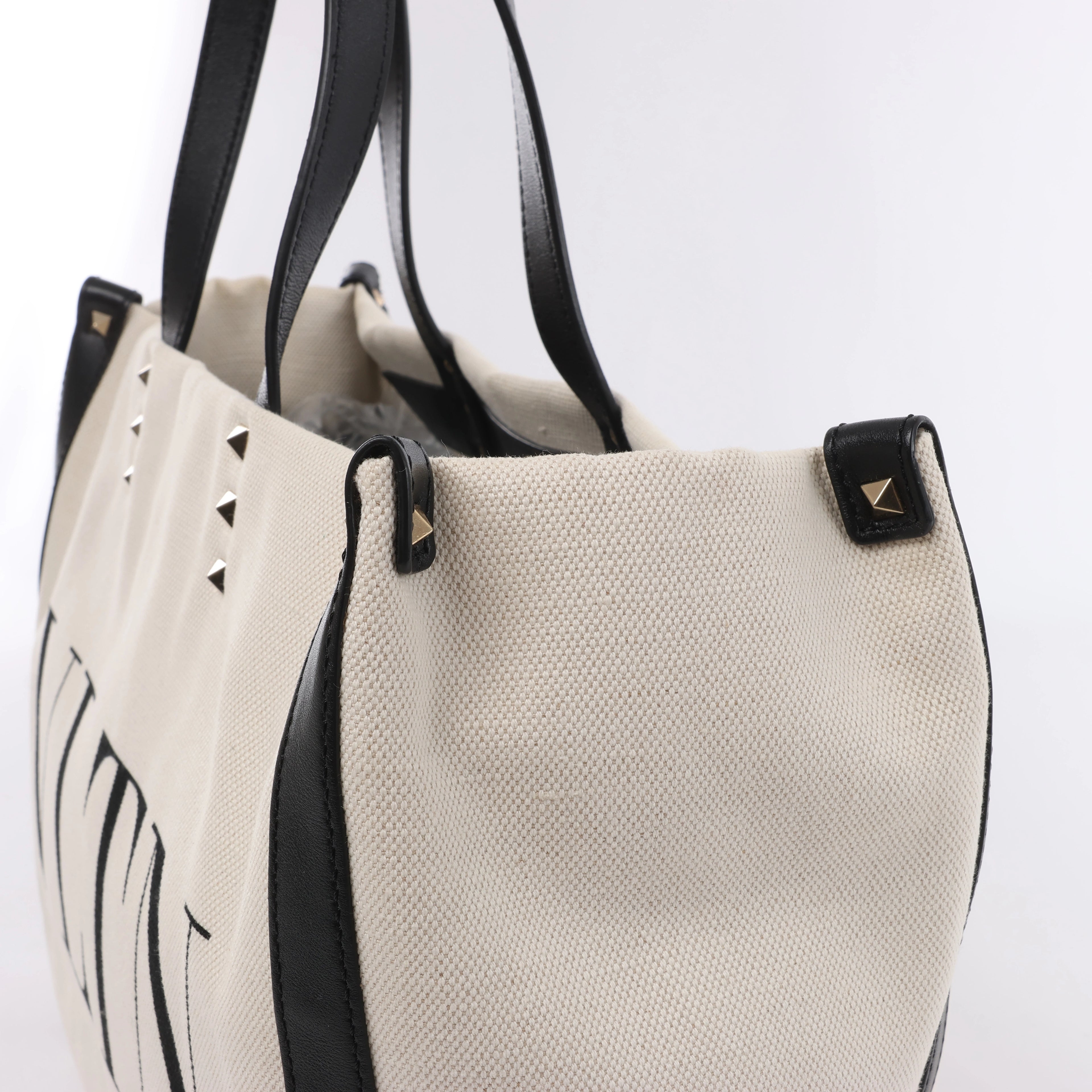 Valentino Garavani VLTN Canvas & Leather Shoulder Bag in Beige x Black