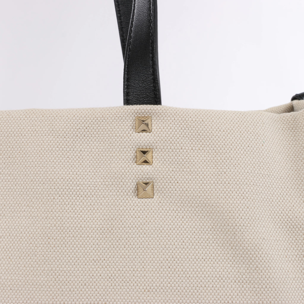 Valentino Garavani VLTN Canvas & Leather Shoulder Bag in Beige x Black