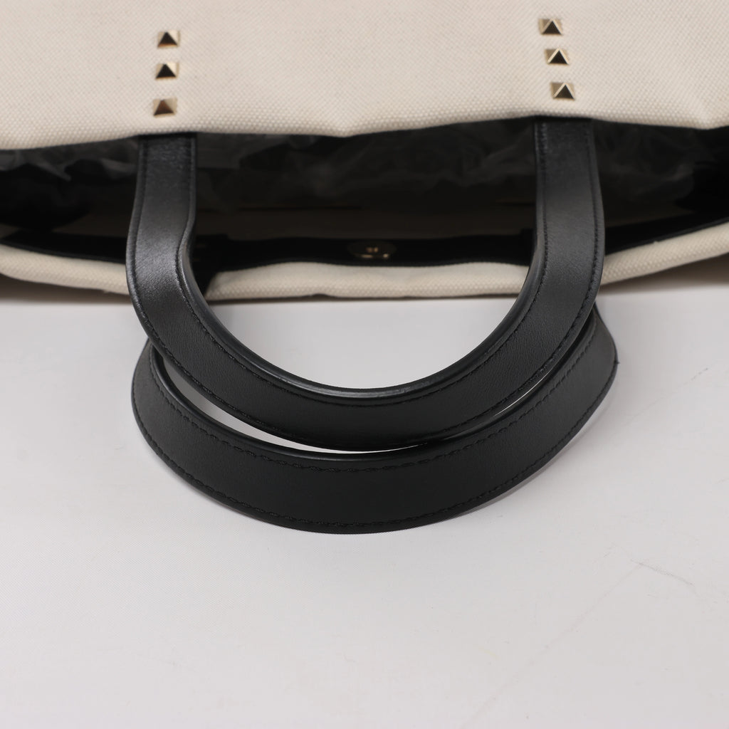 Valentino Garavani VLTN Canvas & Leather Shoulder Bag in Beige x Black