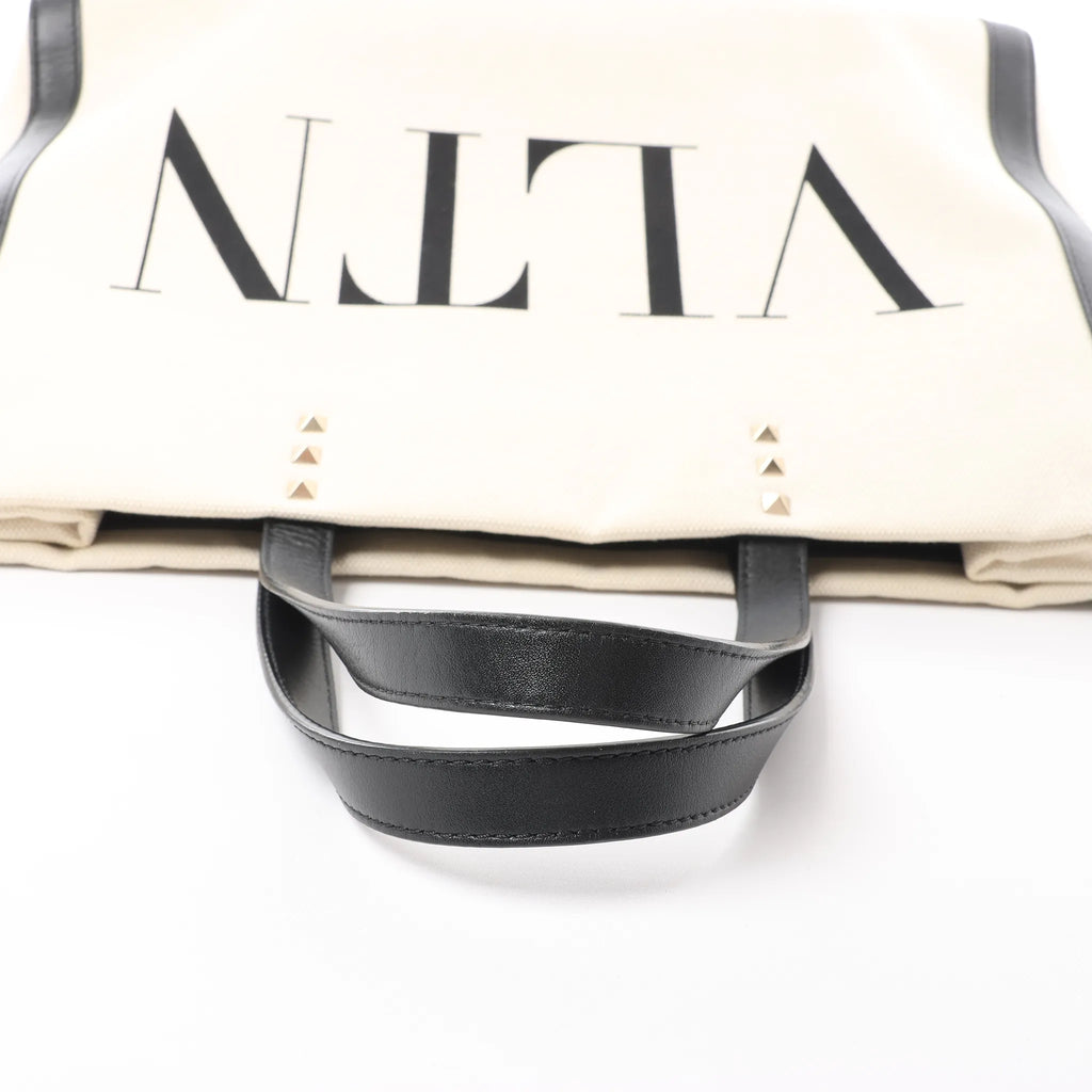 Valentino Garavani VLTN Canvas x Leather Shoulder Bag in Beige x Black