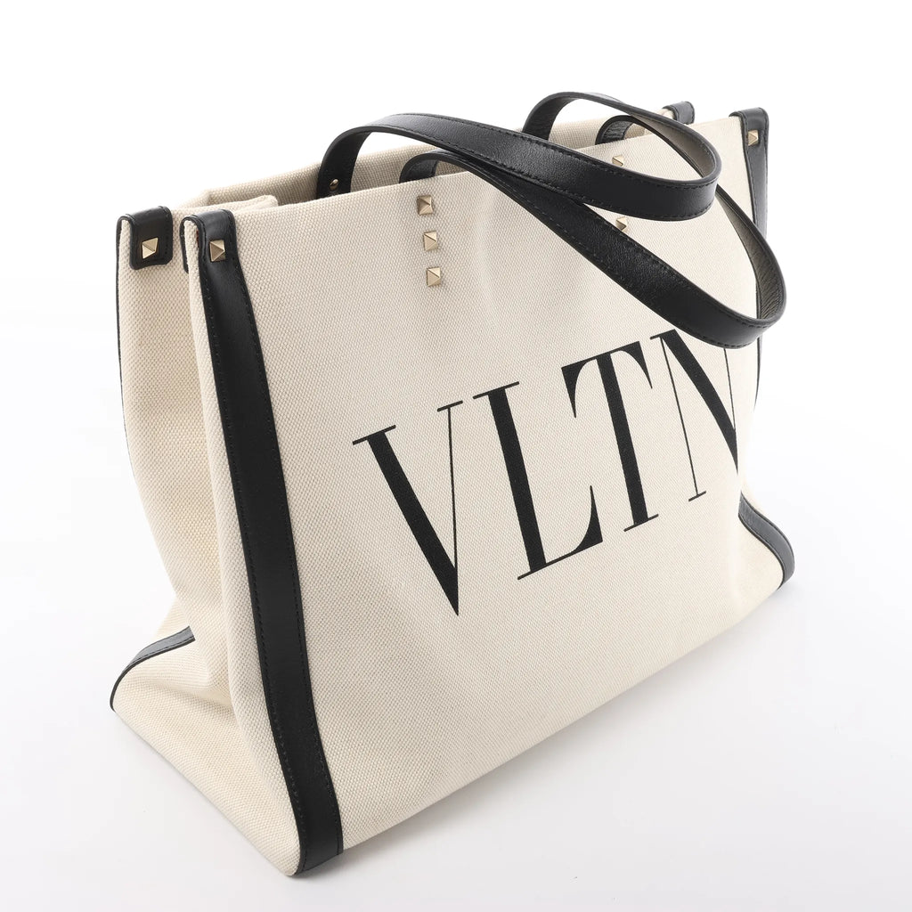 Valentino Garavani VLTN Canvas x Leather Shoulder Bag in Beige x Black