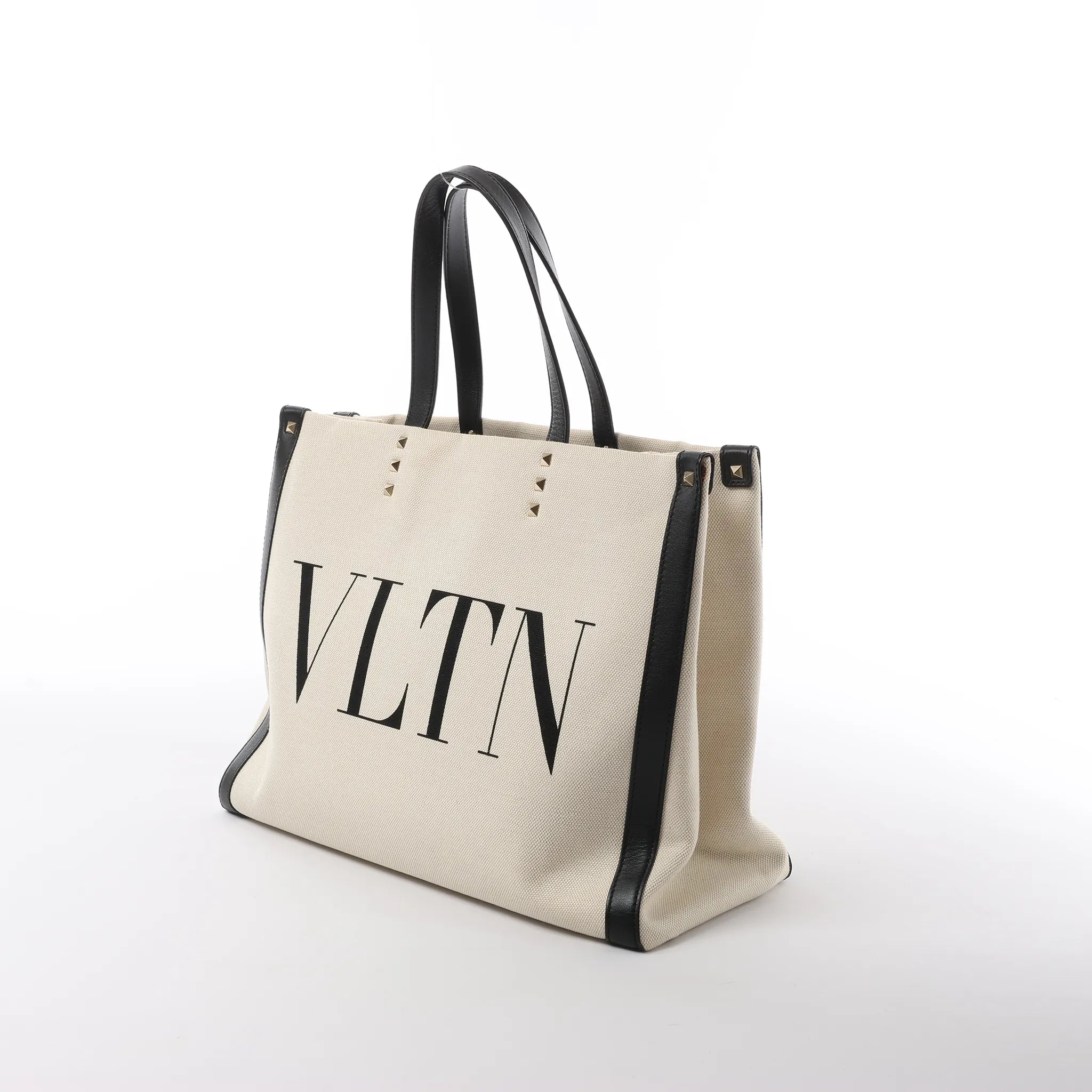 Valentino Garavani VLTN Canvas x Leather Shoulder Bag in Beige x Black