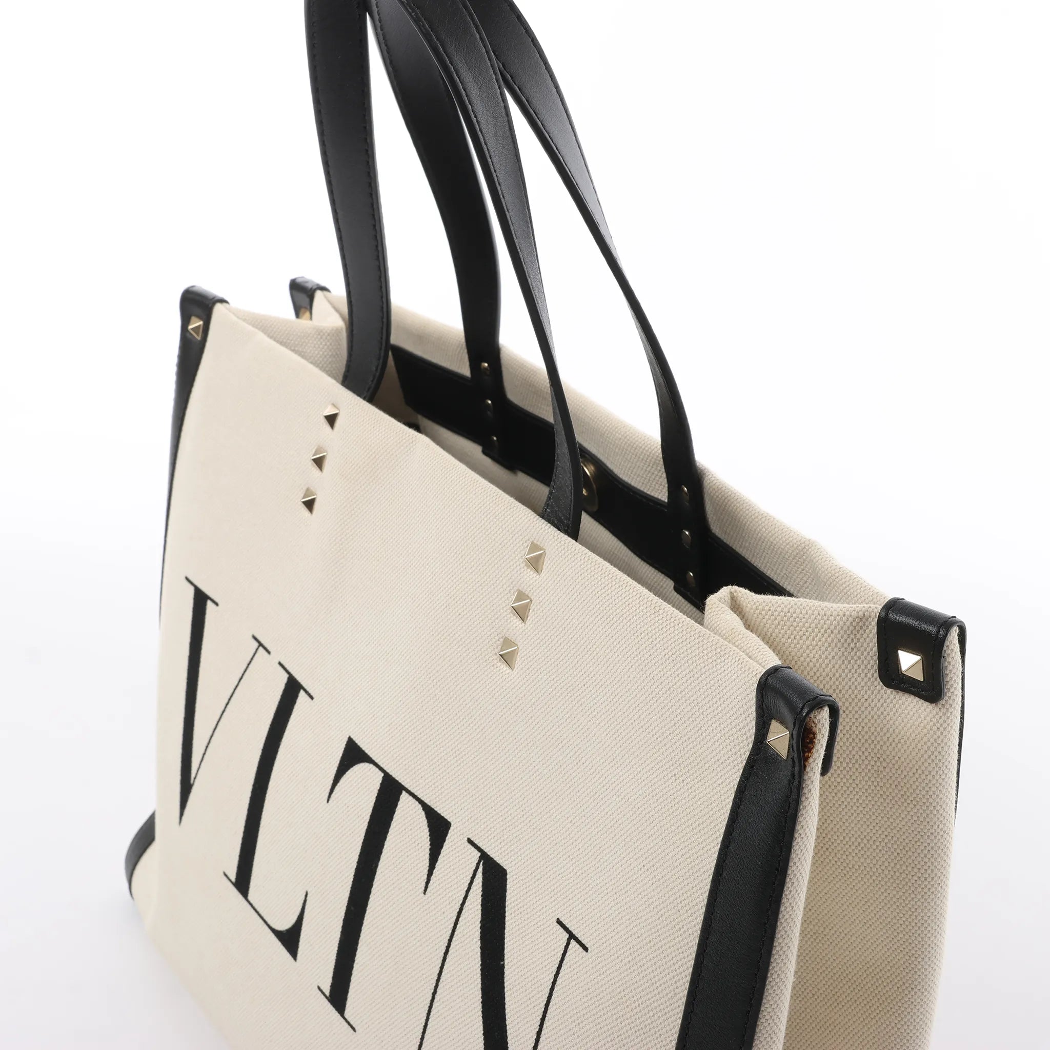 Valentino Garavani VLTN Canvas x Leather Shoulder Bag in Beige x Black