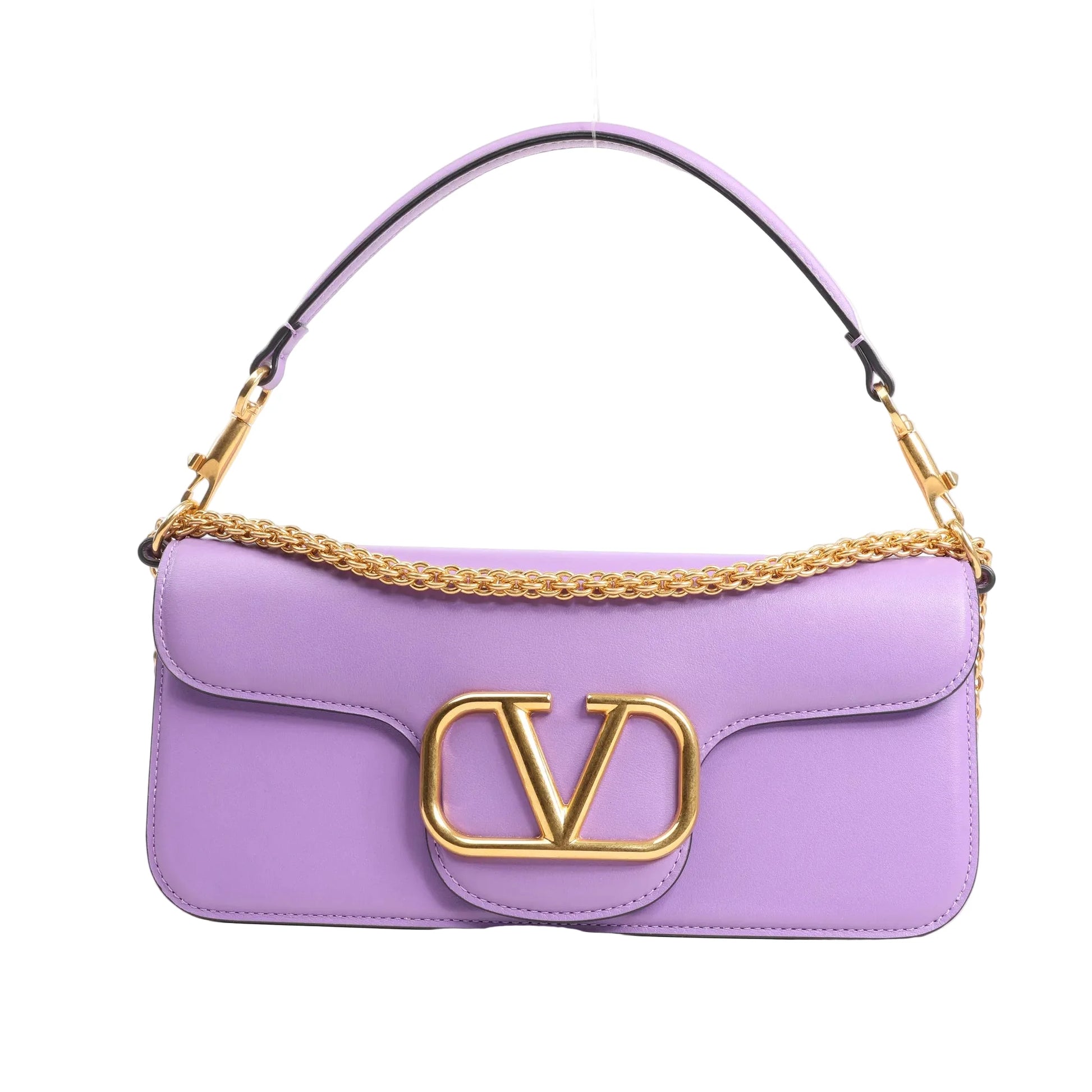 Valentino Garavani VLogo Loco 2Way Handbag in purple leather featuring a structured silhouette, gold-tone chain strap, top handle, and oversized VLogo front hardware.
