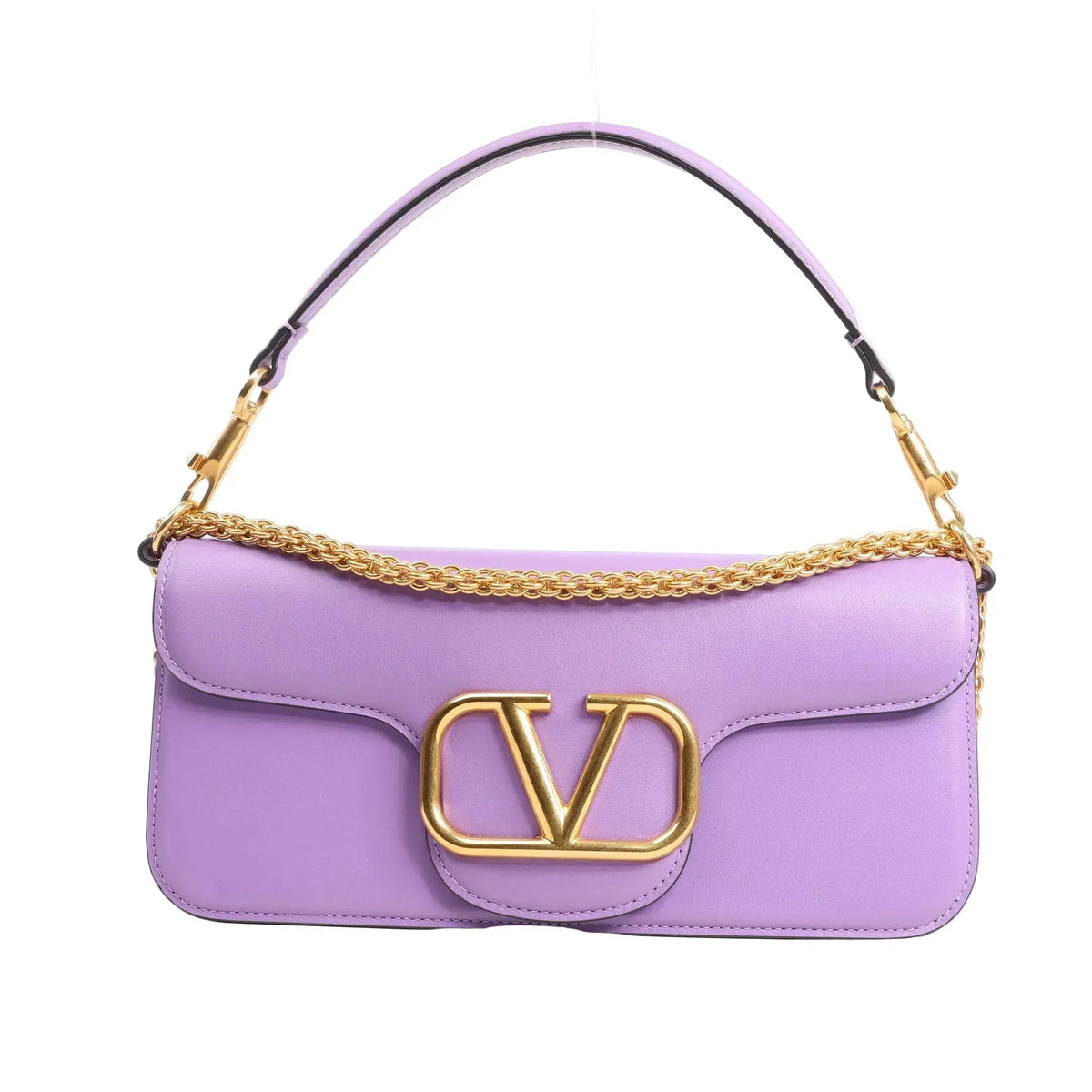 Valentino Garavani VLogo Loco 2Way Handbag in purple leather featuring a structured silhouette, gold-tone chain strap, top handle, and oversized VLogo front hardware.