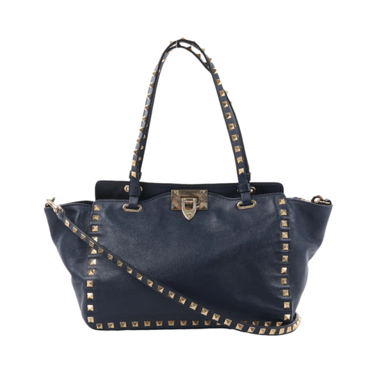 Valentino Garavani Rockstud Leather 2Way Handbag in Navy