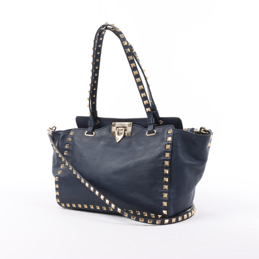 Valentino Garavani Rockstud Leather 2Way Handbag in Navy