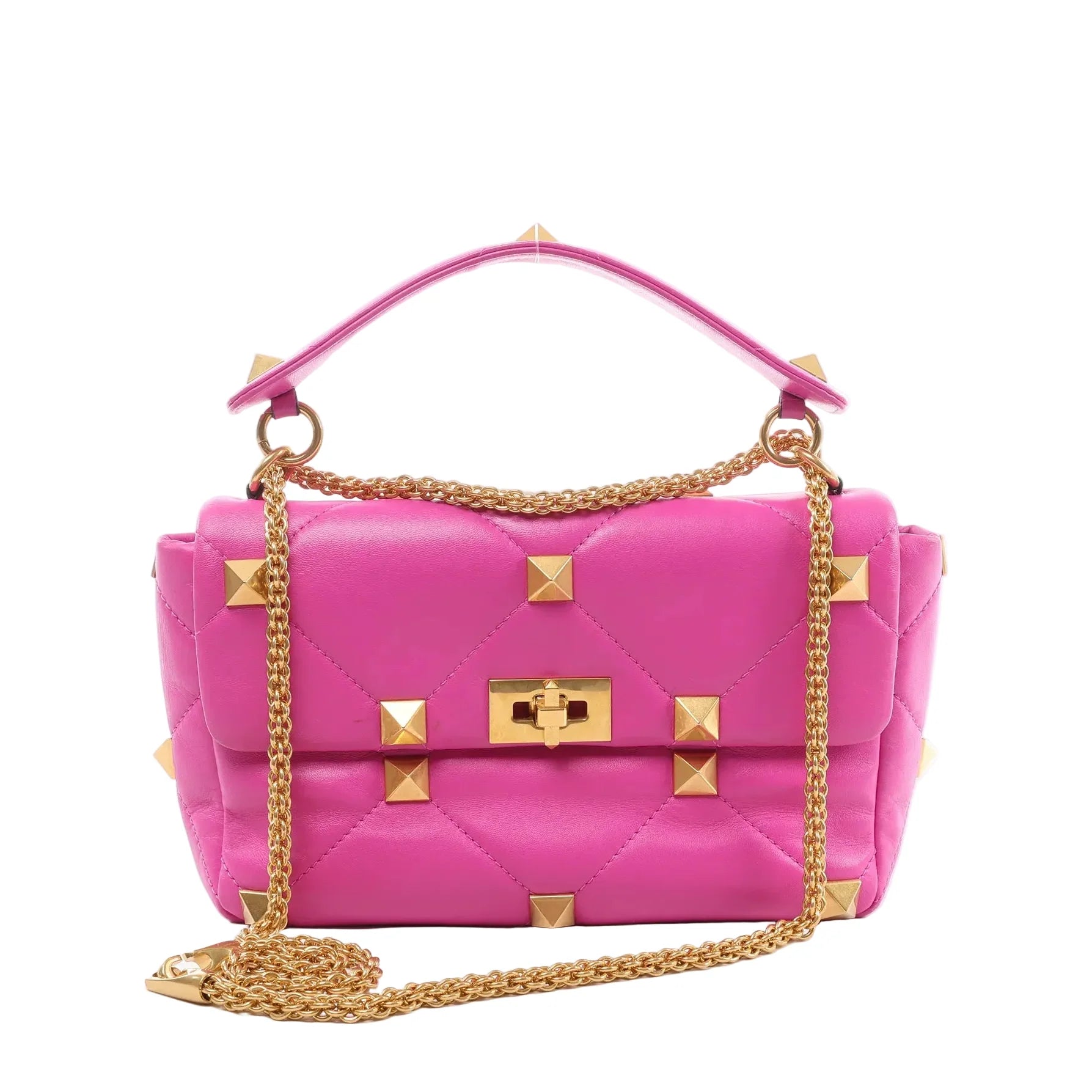 Pink Valentino Garavani Roman Stud quilted leather shoulder bag with gold-tone stud detailing, top handle, chain strap, and turn-lock flap closure, front view on white background.