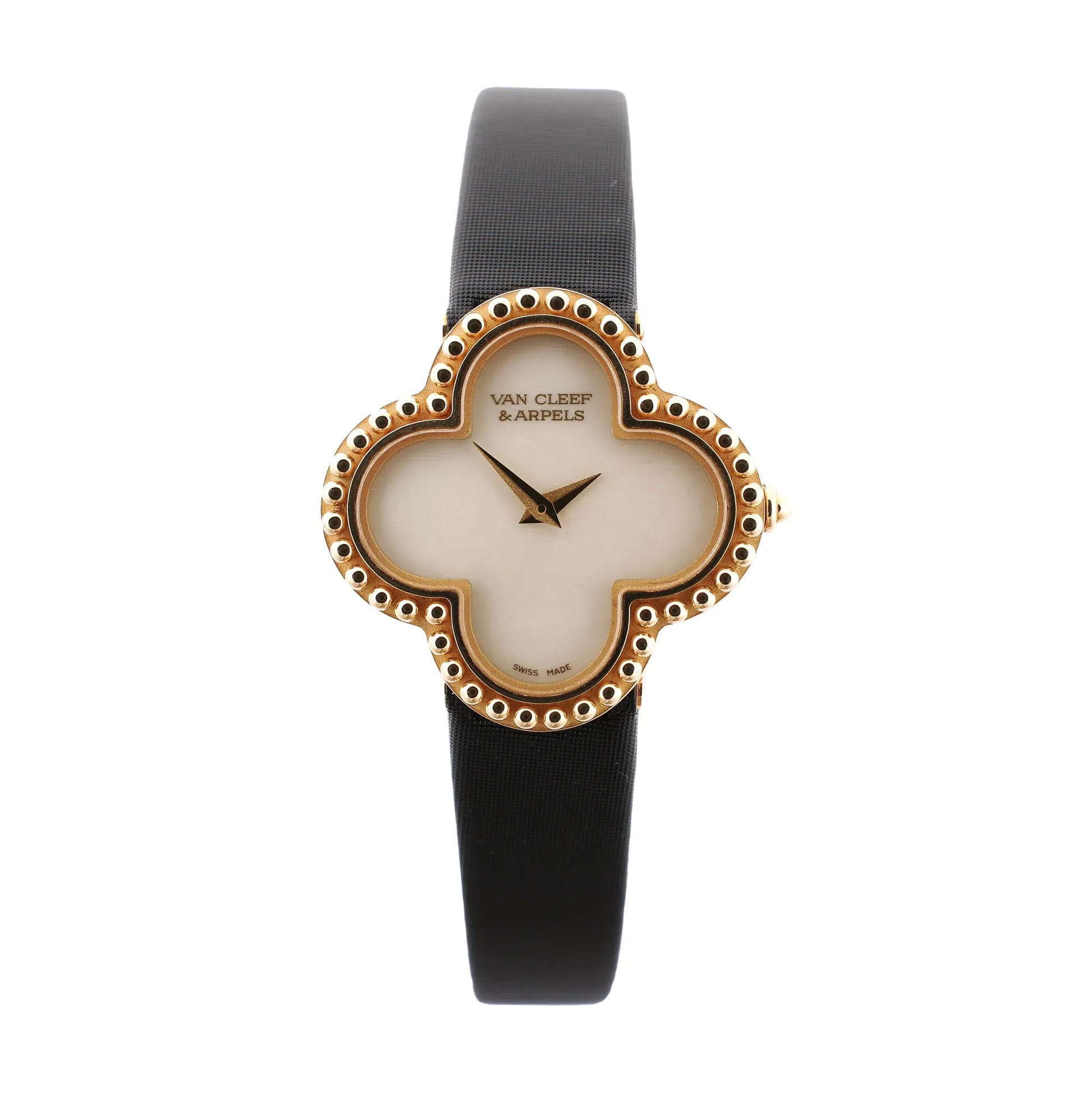 Van Cleef & Arpels Alhambra WTYB02B3 watch with a clover-shaped yellow gold case, white shell-face dial, and black leather strap, showcasing a minimalist yet luxurious design.