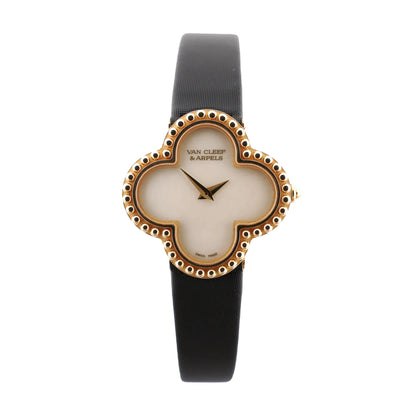Van Cleef & Arpels Alhambra WTYB02B3 watch with a clover-shaped yellow gold case, white shell-face dial, and black leather strap, showcasing a minimalist yet luxurious design.