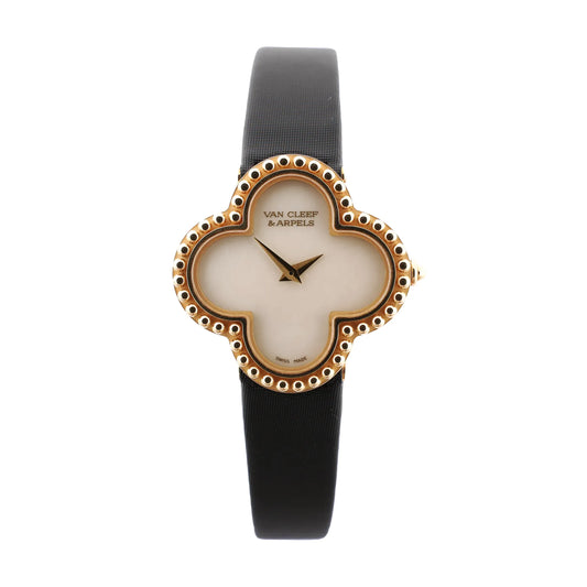 Van Cleef & Arpels Alhambra WTYB02B3 watch with a clover-shaped yellow gold case, white shell-face dial, and black leather strap, showcasing a minimalist yet luxurious design.
