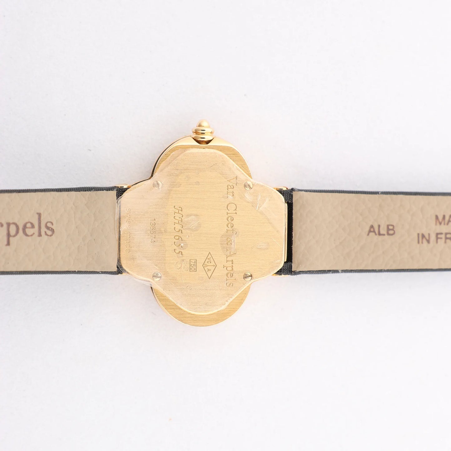 Van Cleef & Arpels Alhambra WTYB02B3 136574 YG & Leather QZ Watch with Shell-Face HH5655