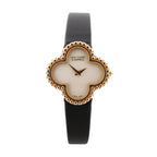 Van Cleef & Arpels Alhambra WTYB02B3 watch with a clover-shaped yellow gold case, white shell-face dial, and black leather strap, showcasing a minimalist yet luxurious design.