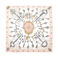 Hermès square scarf in pale pink with intricate black, grey and gold-tone key, chain and ornamental print.